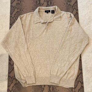 Men's Tan V-Neck Polo Sweater with Collar